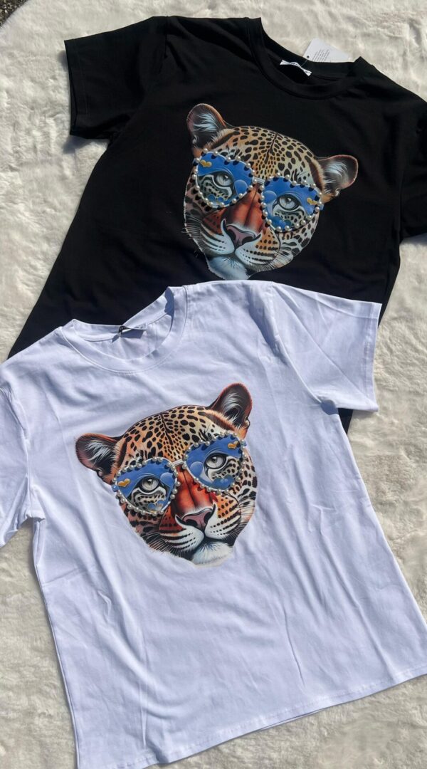 Dames T-shirt met gekleurde panterbril Blauw